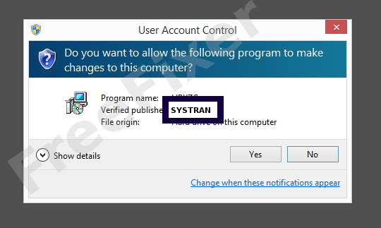 Screenshot where SYSTRAN appears as the verified publisher in the UAC dialog
