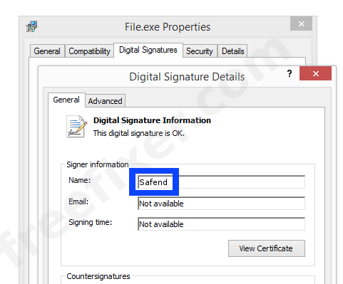 Screenshot of the Safend certificate