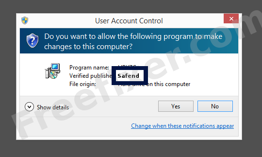 Screenshot where Safend appears as the verified publisher in the UAC dialog