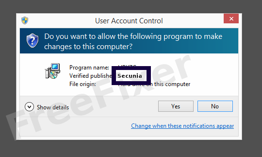 Screenshot where Secunia appears as the verified publisher in the UAC dialog