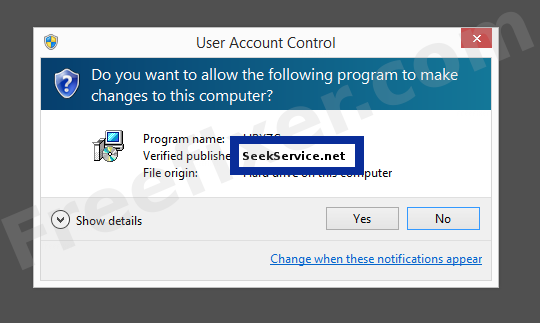 Screenshot where SeekService.net appears as the verified publisher in the UAC dialog