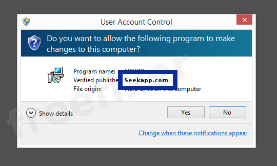 Screenshot where Seekapp.com appears as the verified publisher in the UAC dialog