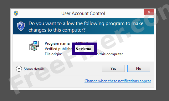 Screenshot where Seekmo appears as the verified publisher in the UAC dialog