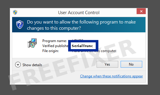 Screenshot where SerialTrunc appears as the verified publisher in the UAC dialog