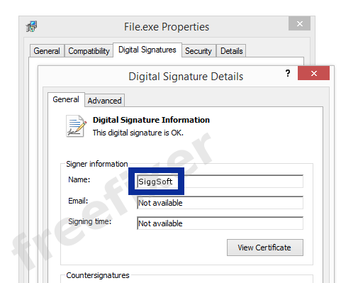 Screenshot of the SiggSoft certificate