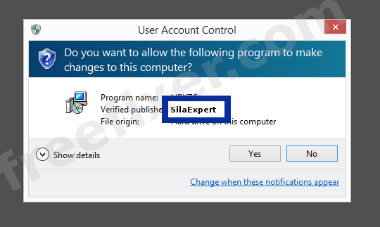 Screenshot where SilaExpert appears as the verified publisher in the UAC dialog