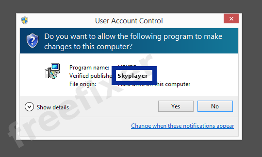 Screenshot where Skyplayer appears as the verified publisher in the UAC dialog