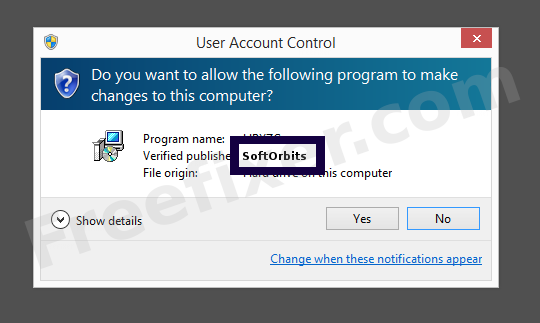 Screenshot where SoftOrbits appears as the verified publisher in the UAC dialog