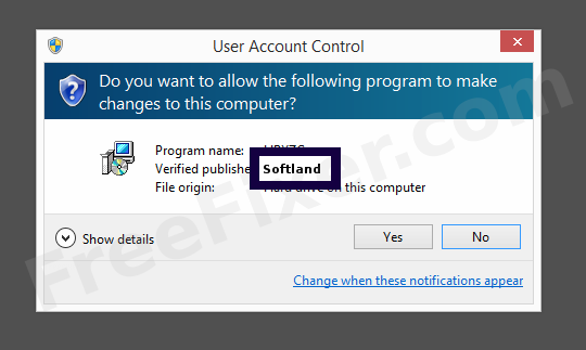 Screenshot where Softland appears as the verified publisher in the UAC dialog