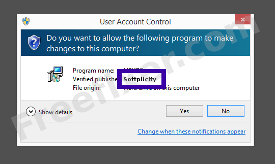Screenshot where Softplicity appears as the verified publisher in the UAC dialog