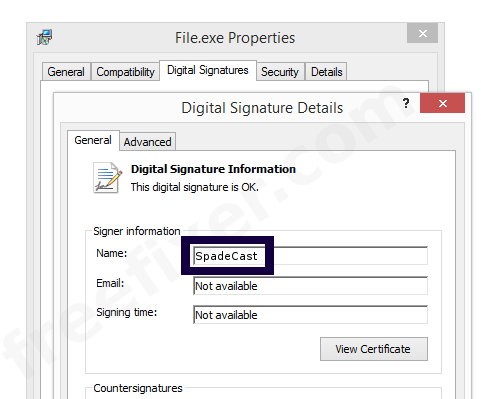 Screenshot of the SpadeCast certificate