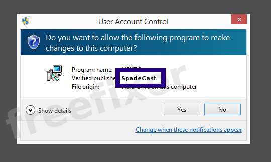 Screenshot where SpadeCast appears as the verified publisher in the UAC dialog