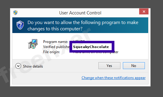 Screenshot where SqueakyChocolate appears as the verified publisher in the UAC dialog