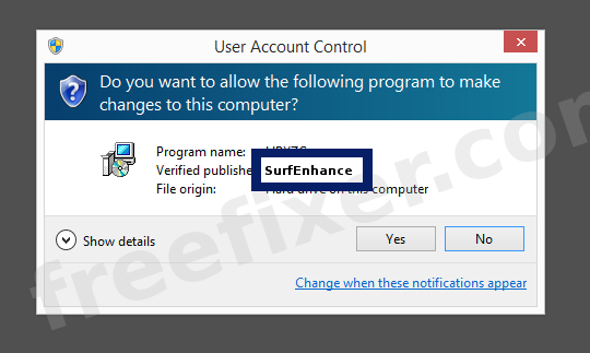 Screenshot where SurfEnhance appears as the verified publisher in the UAC dialog