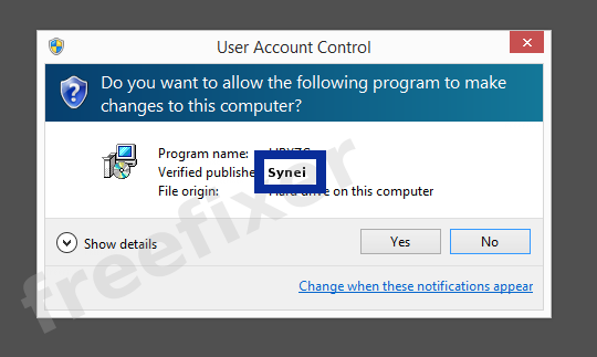 Screenshot where Synei appears as the verified publisher in the UAC dialog