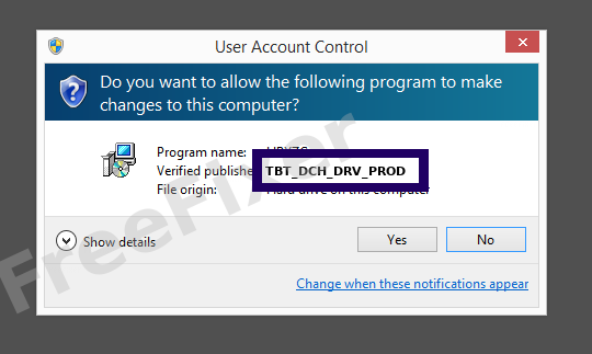 Screenshot where TBT_DCH_DRV_PROD appears as the verified publisher in the UAC dialog