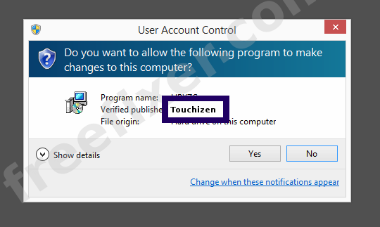 Screenshot where Touchizen appears as the verified publisher in the UAC dialog