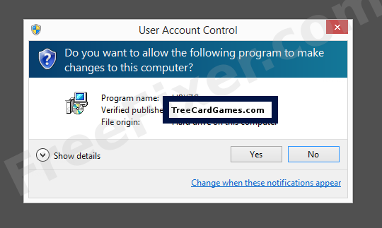 Screenshot where TreeCardGames.com appears as the verified publisher in the UAC dialog