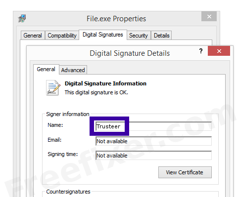 Screenshot of the Trusteer certificate