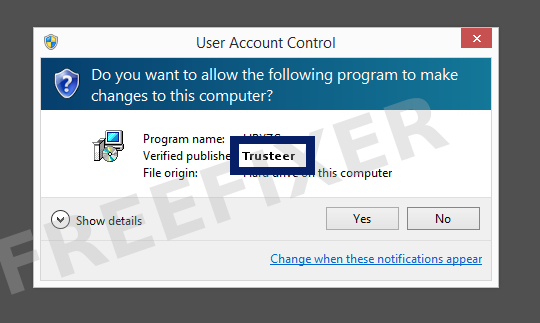 Screenshot where Trusteer appears as the verified publisher in the UAC dialog