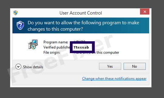 Screenshot where Ttessab appears as the verified publisher in the UAC dialog