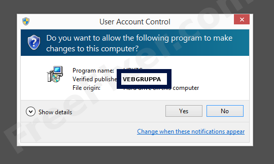 Screenshot where VEBGRUPPA appears as the verified publisher in the UAC dialog