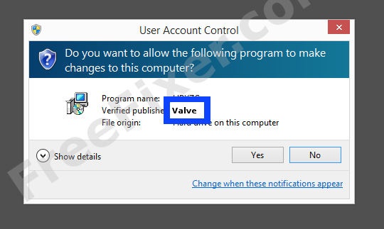 Screenshot where Valve appears as the verified publisher in the UAC dialog