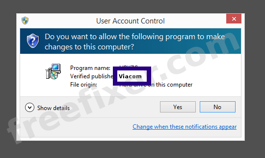 Screenshot where Viacom appears as the verified publisher in the UAC dialog