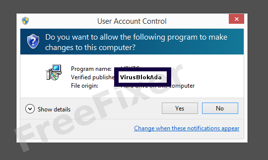 Screenshot where VirusBlokAda appears as the verified publisher in the UAC dialog