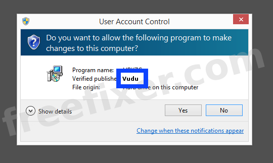 Screenshot where Vudu appears as the verified publisher in the UAC dialog