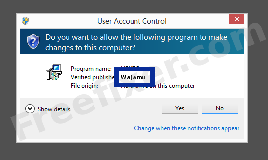 Screenshot where Wajamu appears as the verified publisher in the UAC dialog