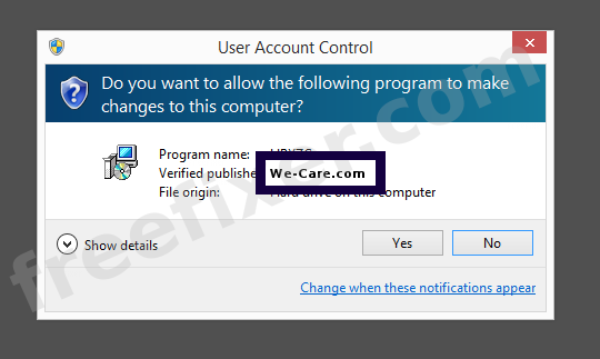 Screenshot where We-Care.com appears as the verified publisher in the UAC dialog