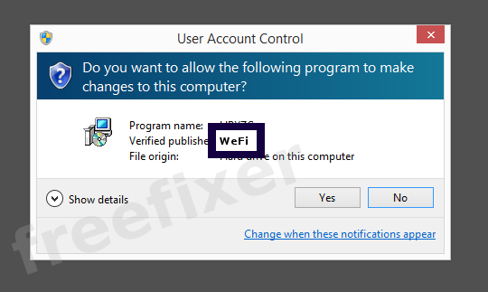 Screenshot where WeFi appears as the verified publisher in the UAC dialog