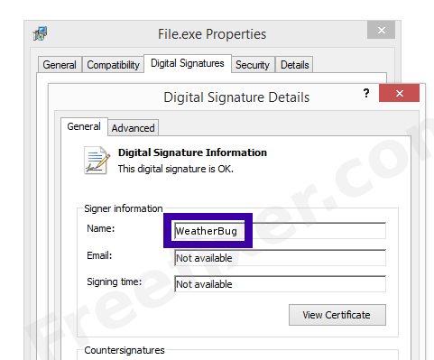 Screenshot of the WeatherBug certificate