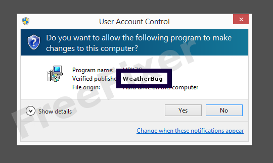 Screenshot where WeatherBug appears as the verified publisher in the UAC dialog