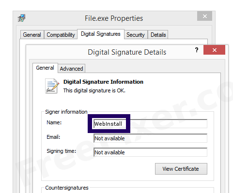 Screenshot of the WebInstall certificate