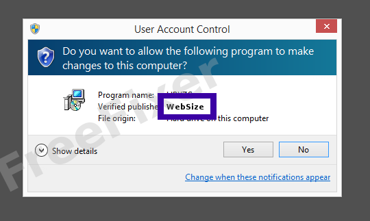 Screenshot where WebSize appears as the verified publisher in the UAC dialog