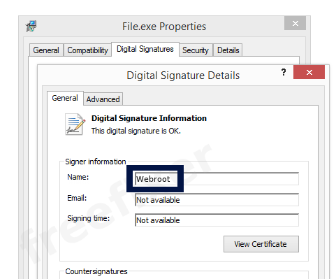 Screenshot of the Webroot certificate