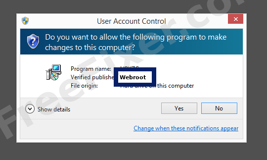 Screenshot where Webroot appears as the verified publisher in the UAC dialog
