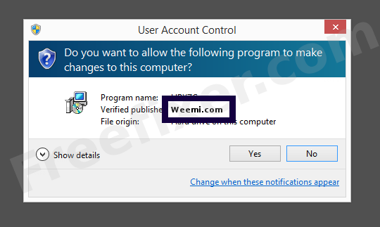 Screenshot where Weemi.com appears as the verified publisher in the UAC dialog