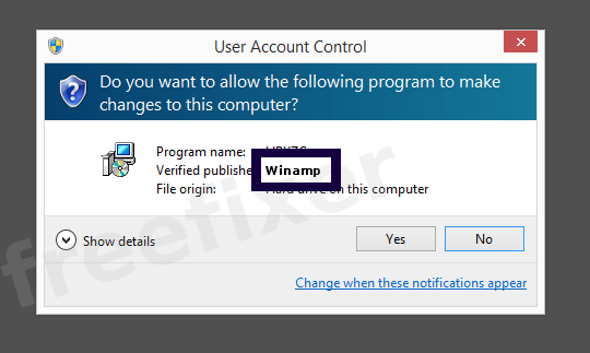 Screenshot where Winamp appears as the verified publisher in the UAC dialog