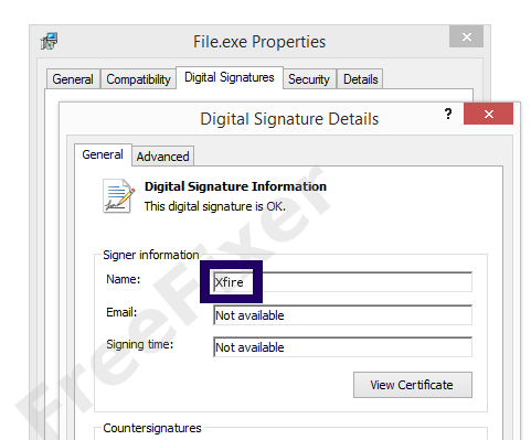 Screenshot of the Xfire certificate