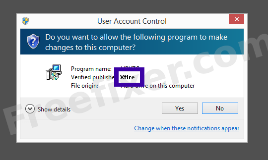 Screenshot where Xfire appears as the verified publisher in the UAC dialog