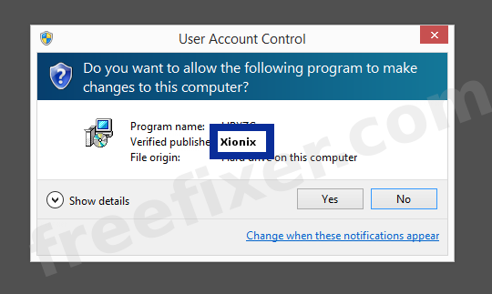 Screenshot where Xionix appears as the verified publisher in the UAC dialog