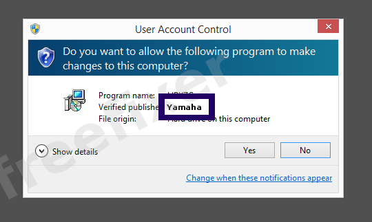 Screenshot where Yamaha appears as the verified publisher in the UAC dialog