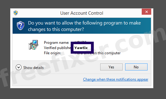 Screenshot where Yawtix appears as the verified publisher in the UAC dialog