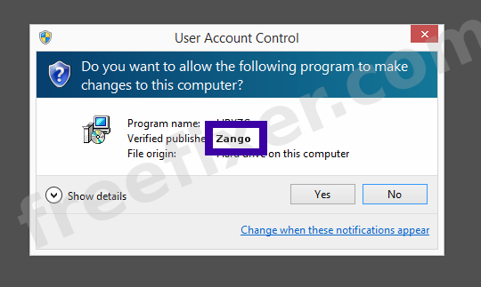 Screenshot where Zango appears as the verified publisher in the UAC dialog