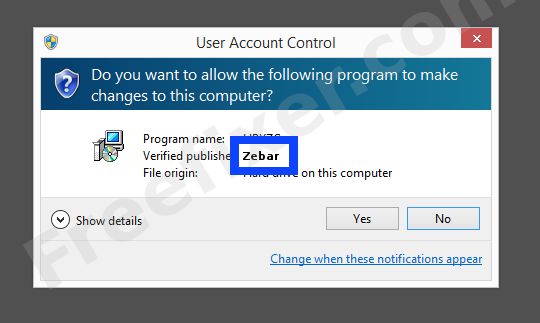 Screenshot where Zebar appears as the verified publisher in the UAC dialog