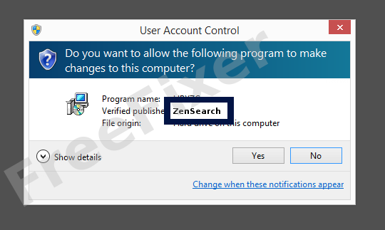Screenshot where ZenSearch appears as the verified publisher in the UAC dialog