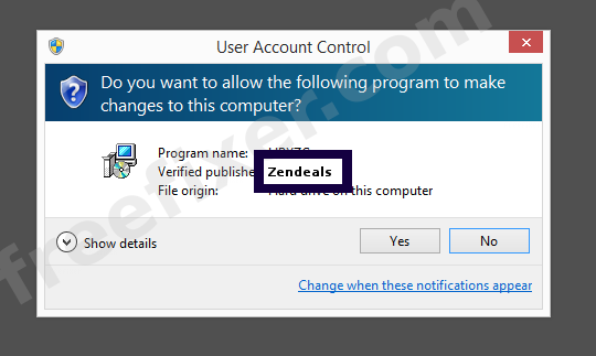 Screenshot where Zendeals appears as the verified publisher in the UAC dialog